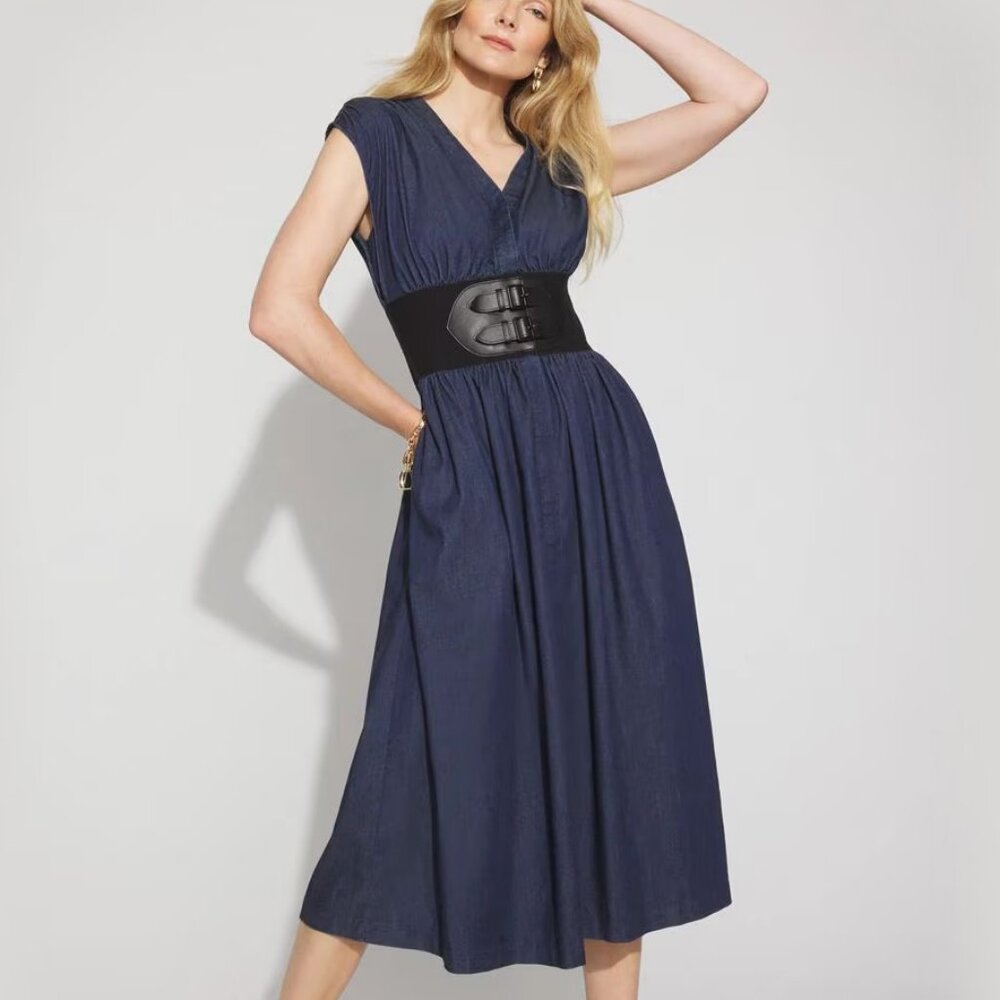 WHBM $200 Tencel Belted Denim Midi Dress Wide Belt Jean MANY SIZES - Picture 6 of 9